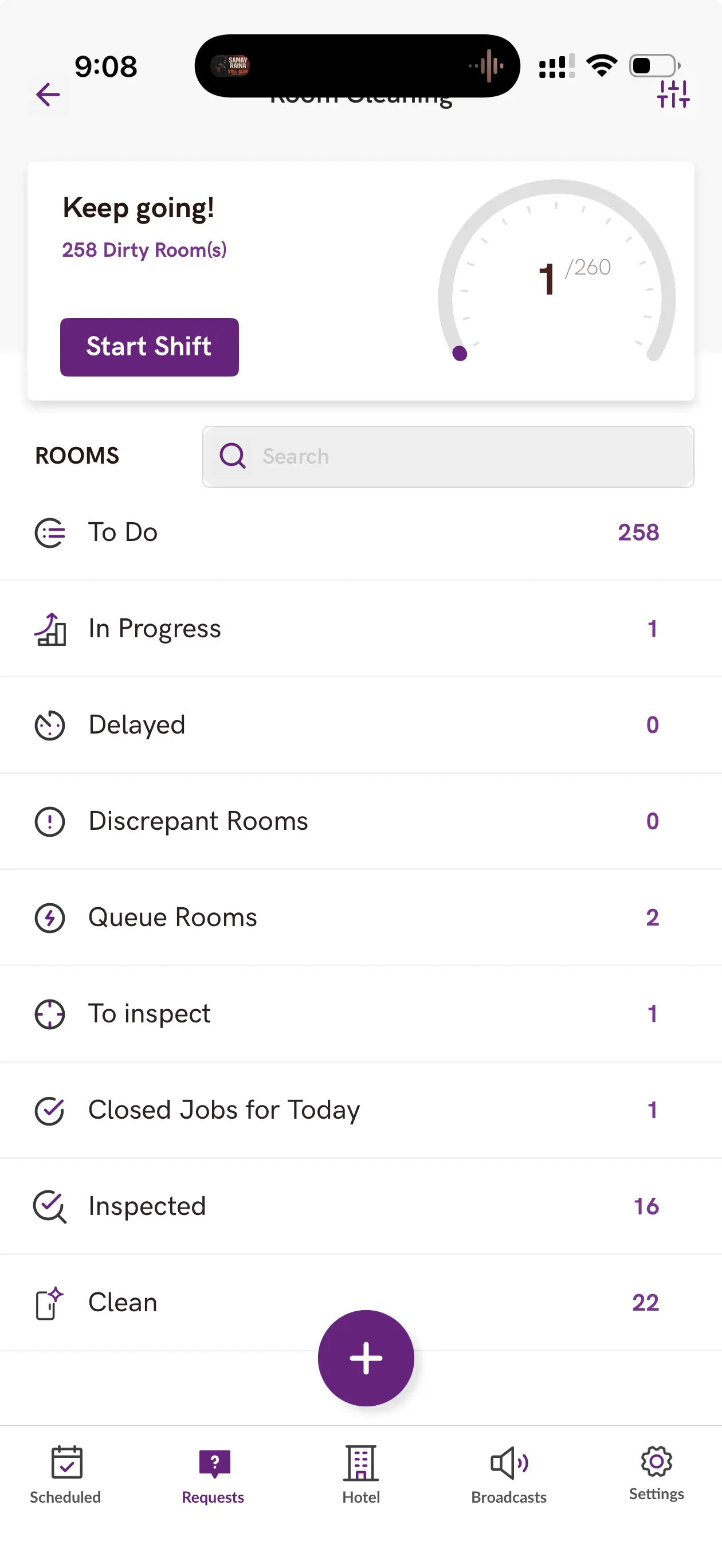 Housekeeping dashboard on iPhone