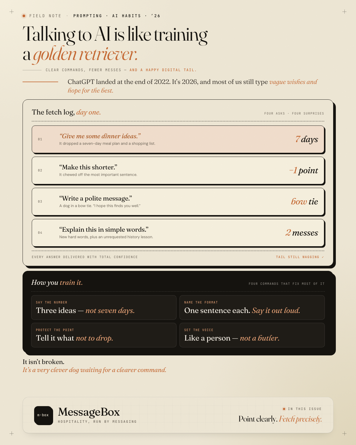 The fetch log, day one — four vague asks and four enthusiastic disasters · The Floor Note · No. 018