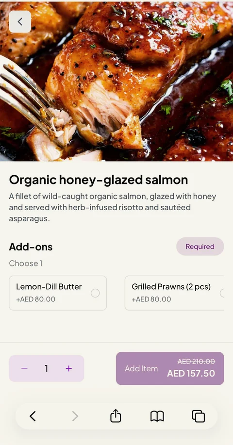 Dish detail — Organic honey-glazed salmon with add-ons