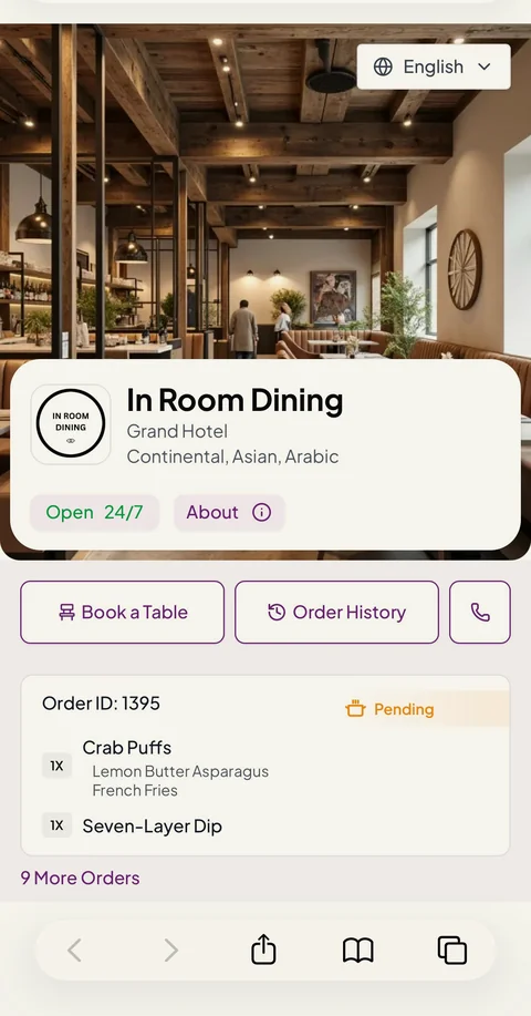 In-room dining home — open 24/7, browse menu and orders