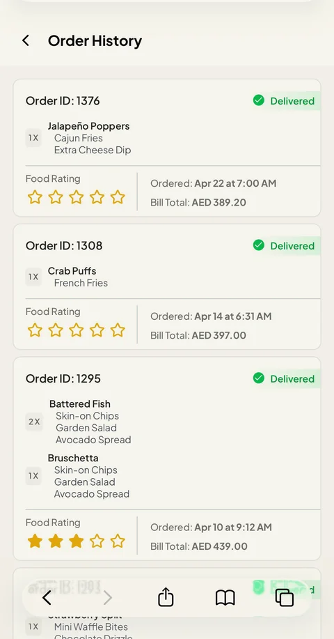 Order history — delivered orders, food ratings and bill totals