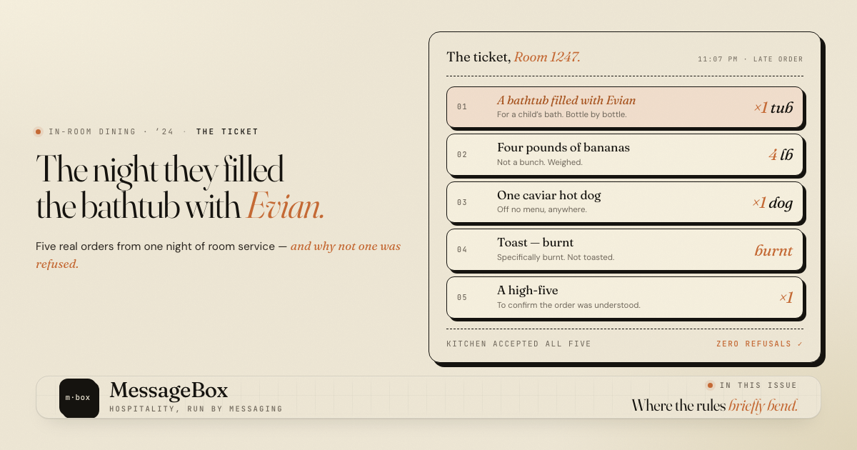 The ticket, Room 1247 — five real room-service orders, zero refusals · The Floor Note · No. 017
