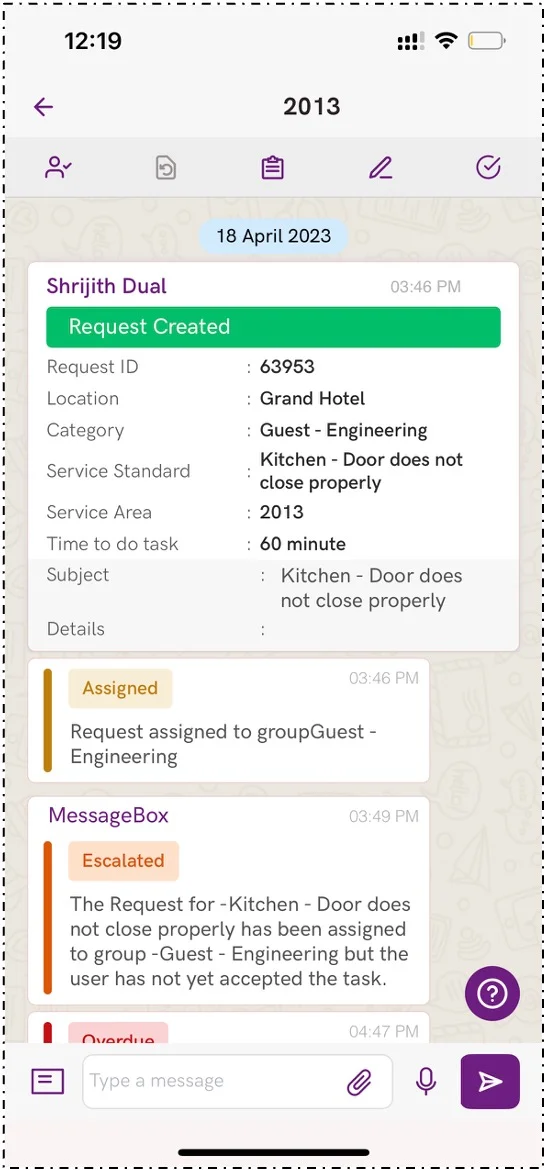 MessageBox staff chat — Request Created · Grand Hotel · Room 2013
